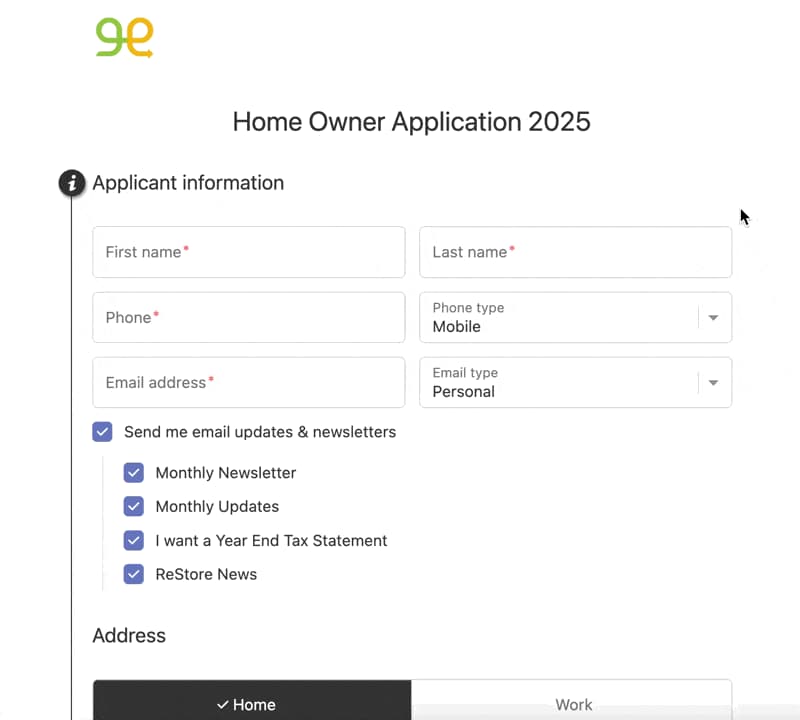 front-facing application form in Giveffect